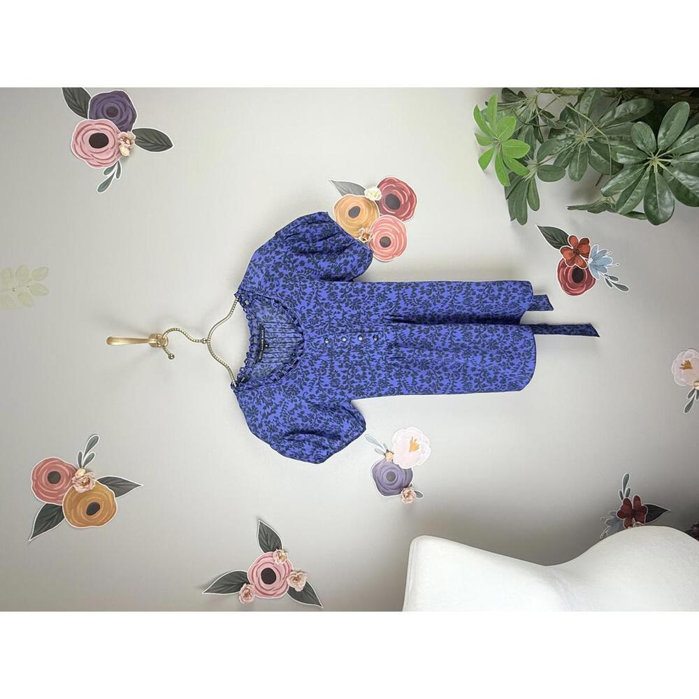 Betty Jackson Black Blue Purple Puff Sleeve Tied Floral Blouse - Size - 8